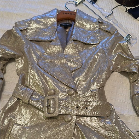 Vintage Bebe Shimmering leather Silver Trench Coat Retro Small - Picture 6 of 9